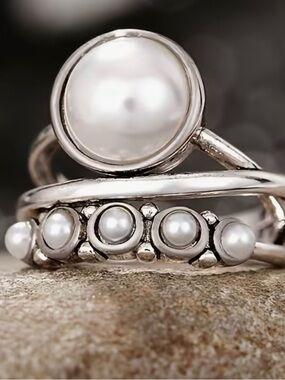 Sterling Silver White Pearl Stackable Ring Set